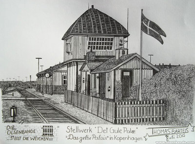 Das Stellwerk "Det Gule Palæ" aus "Die Olsenbande stellt die Weichen", gezeichnet von Thomas Bartels.